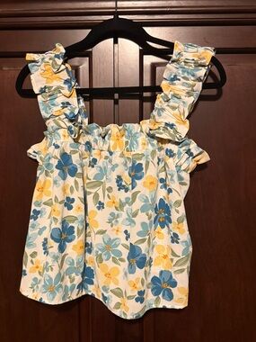 Girls Yellow & Blue Floral Ruffled Tank Top